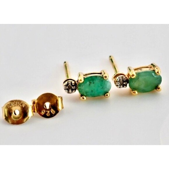 DBJ Jade & Diamond Sterling Silver Prong Set Stud Post Earrings 6mm Signed Thai - Picture 4 of 11